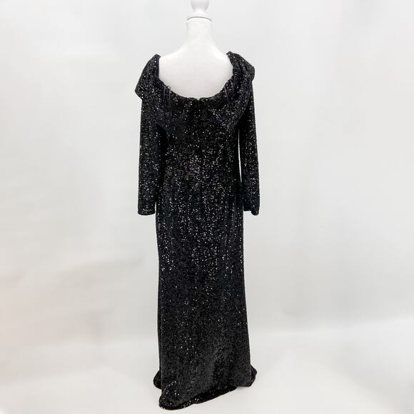 Rene Ruiz Dress Sz 12 Black Sequin Gown Formal Off The Shoulder Metallic Evening - Picture 3 of 13